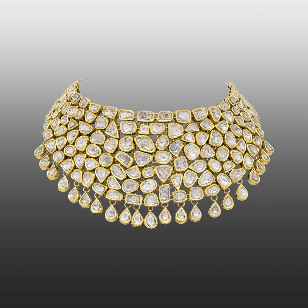 Regal Gold Choker Polki Cluster with Uncut Diamonds & Pear-Shaped Drops